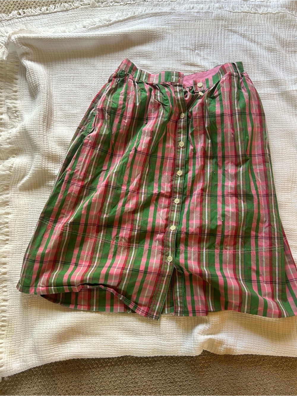 J. Crew Pink and Green Plaid Button-Front Midi Skirt